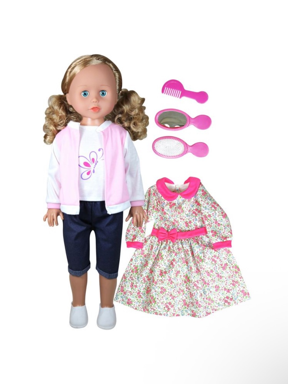 Pink-Accented Fashion Doll with Floral Dress and Hair Accessories